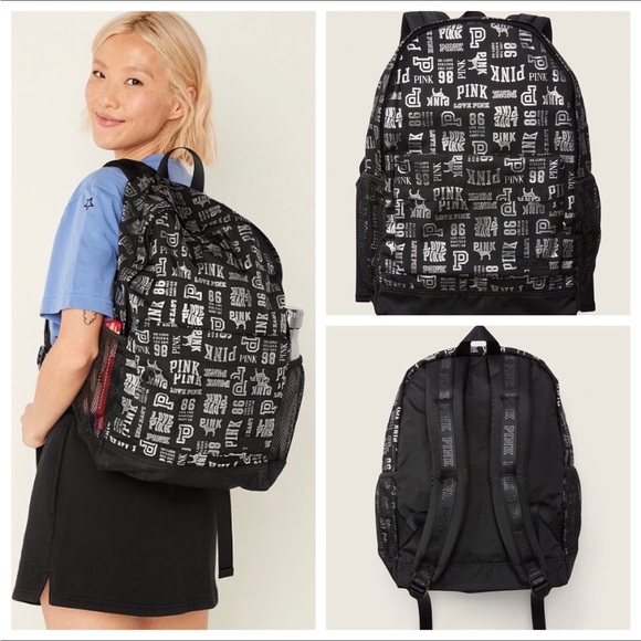 PINK Victoria\'s Secret classic Backpack black silver logo with Padded Straps main image 5